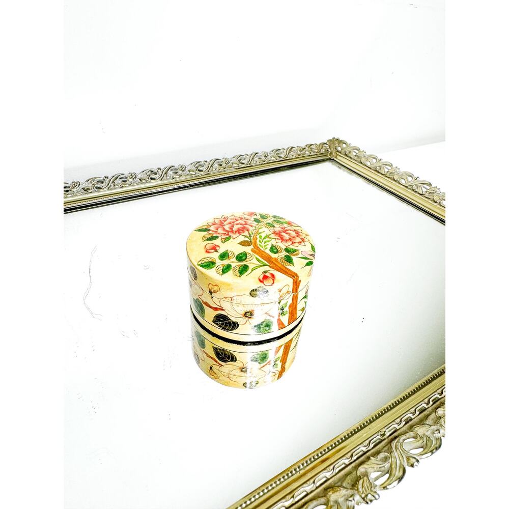 Small Round Floral Hand Painted Paper Mache Trinket Box